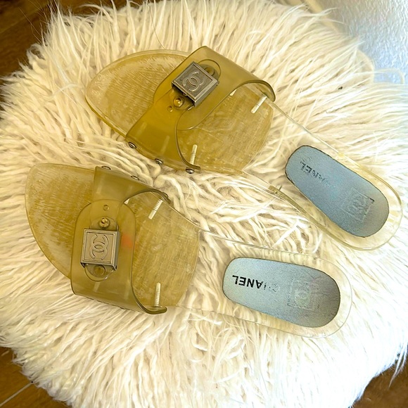 CHANEL | Shoes | Auth Chanel Rubber Slides With Cc Logo Silver Hardware ...